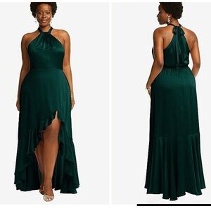 Social Bridesmaids Tie Neck Halter Maxi Dress Asymmetric Ruffle Evergreen XL